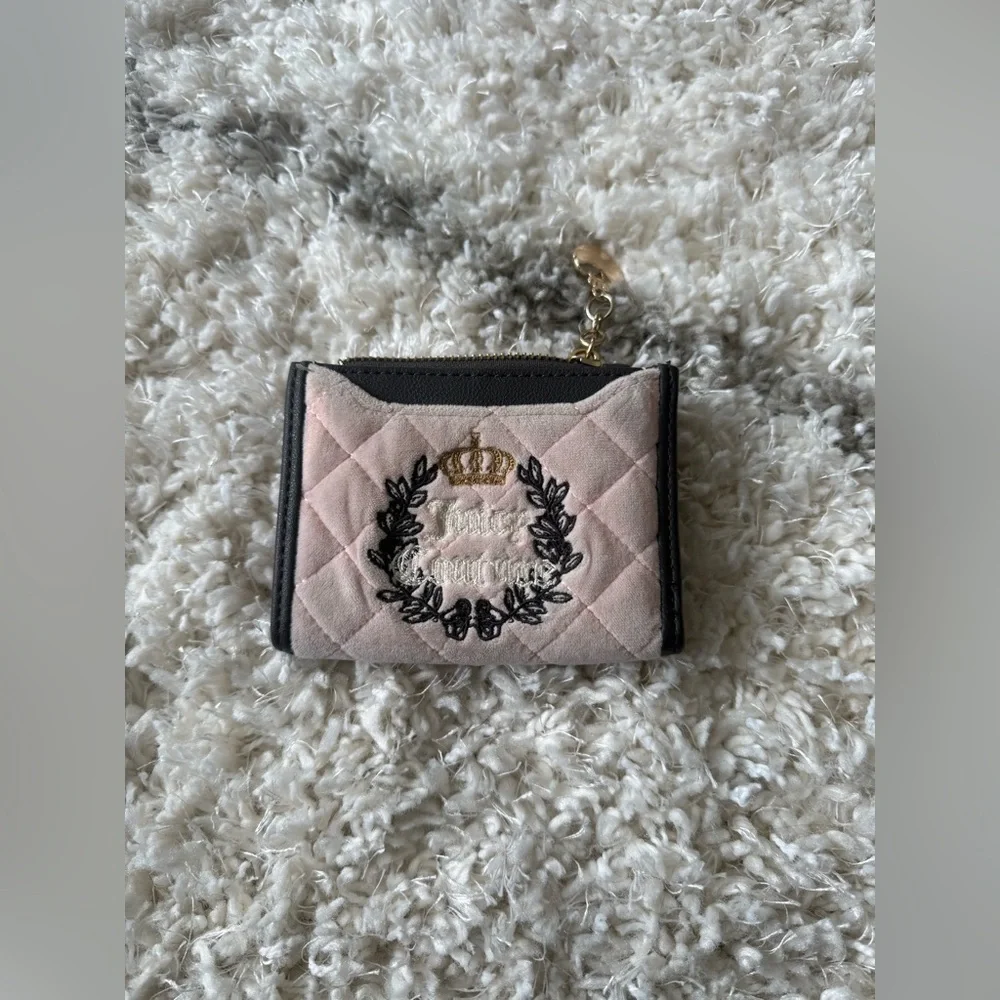 Y2K Juicy Couture Pink Brown Double Zip Wallet Embroidered Gold Pendant Girly